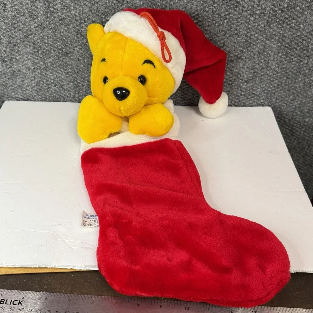 VTG Disney Land Winnie The Pooh 3D Plush Head Christmas Stocking Santa Hat
